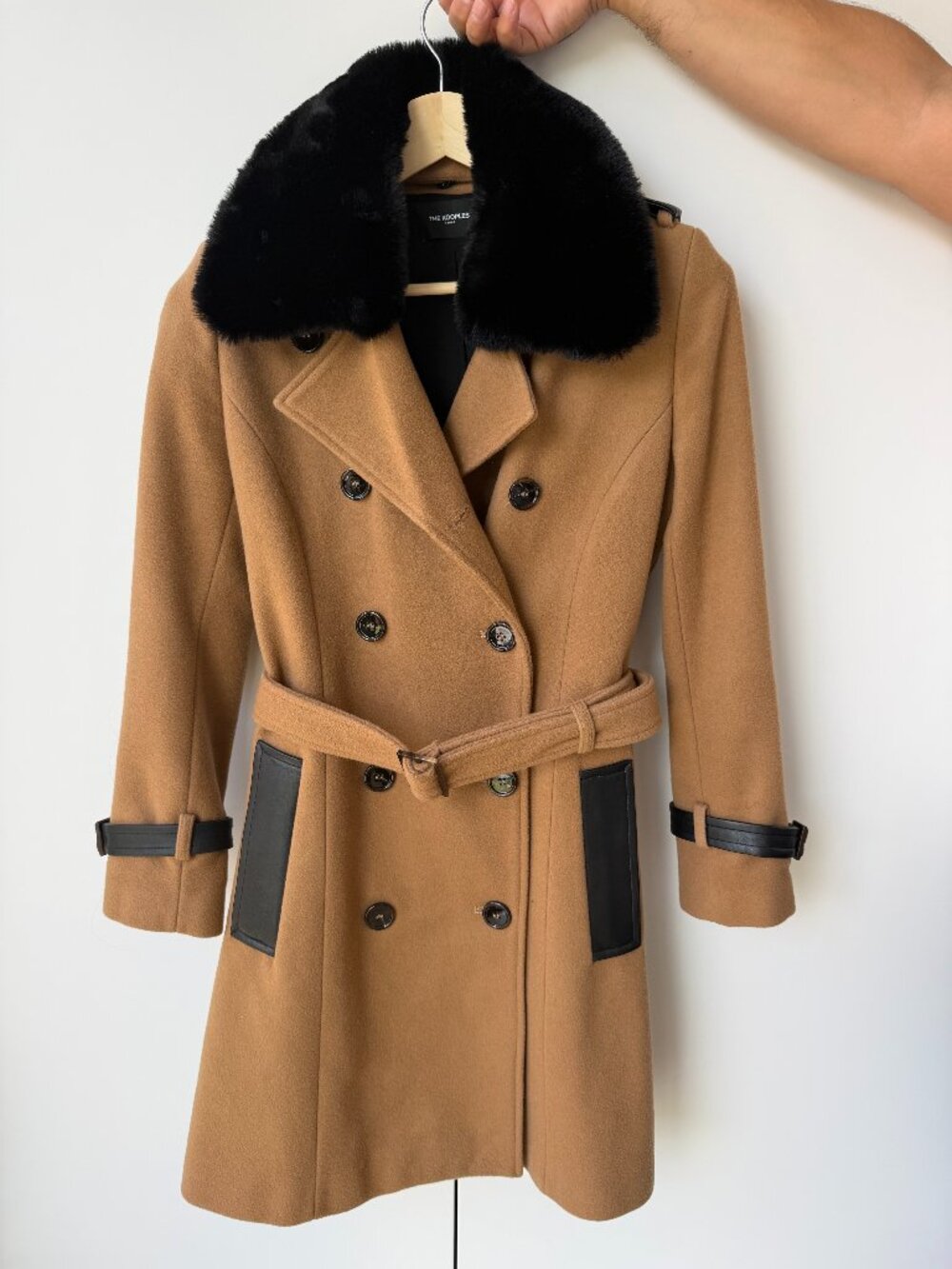 The Kooples Camel Wool Coat w/ Lambskin & Faux Fur Collar – S